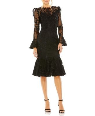Mac Duggal Ruffle Wrist Embellished High Neck Midi Dress