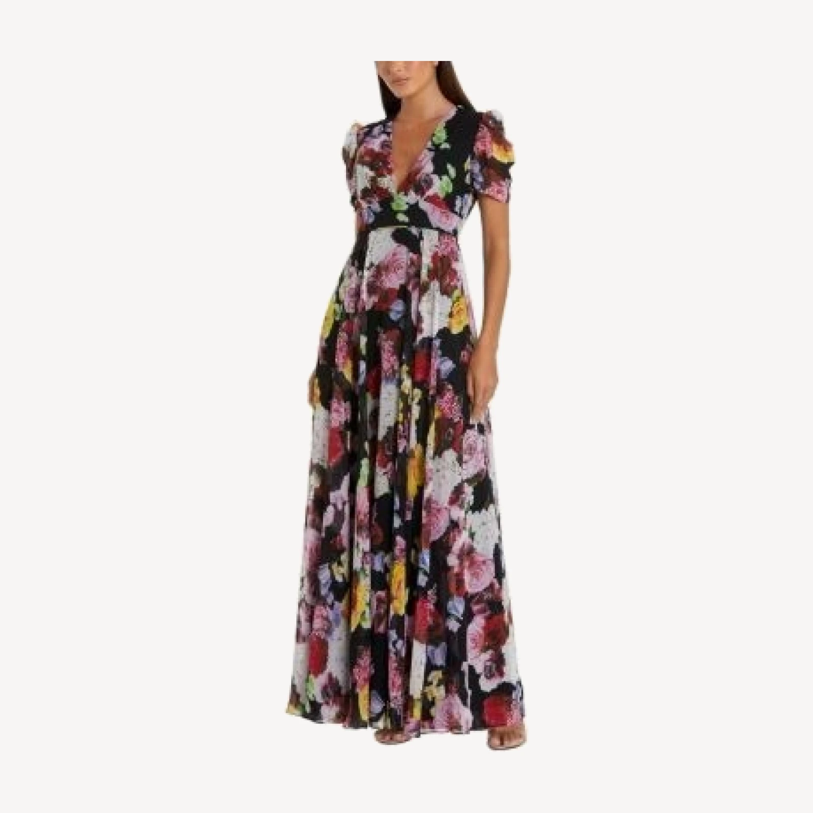 Mac Duggal Floral Print Mesh Cap Sleeve Gown