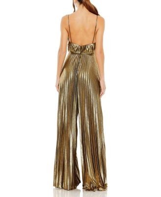 Mac Duggal Metallic Pleated V-Neck Jumpsuit