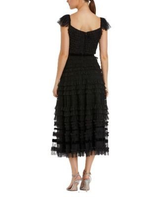 Mac Duggal Ruffle Cap Sleeve Tiered Midi Dress