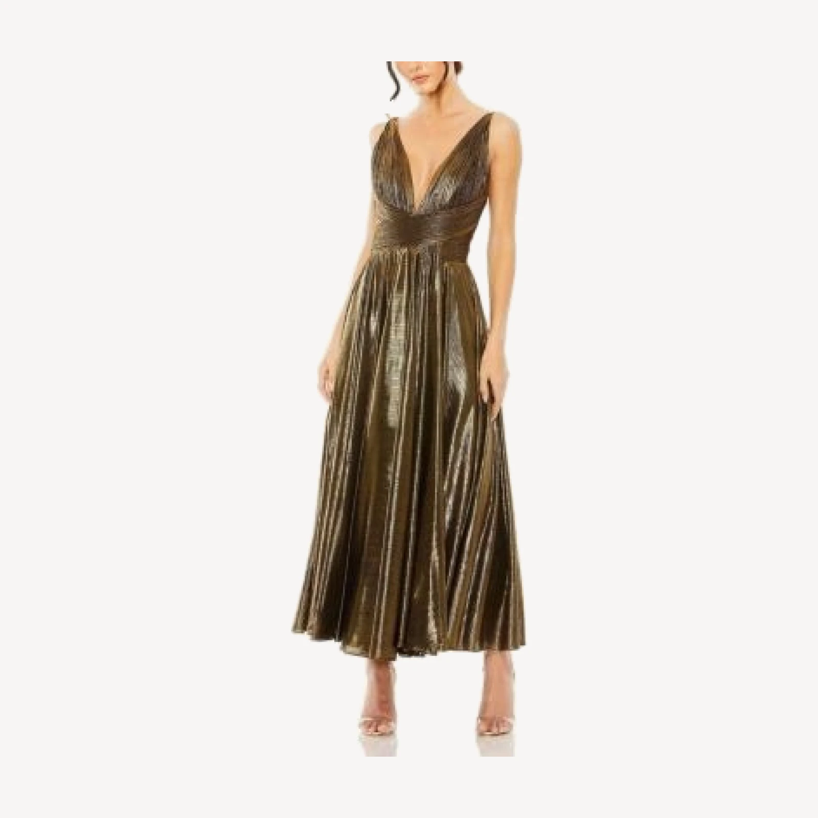 Mac Duggal Sleeveless V Neck Pleated Top Metallic Dress