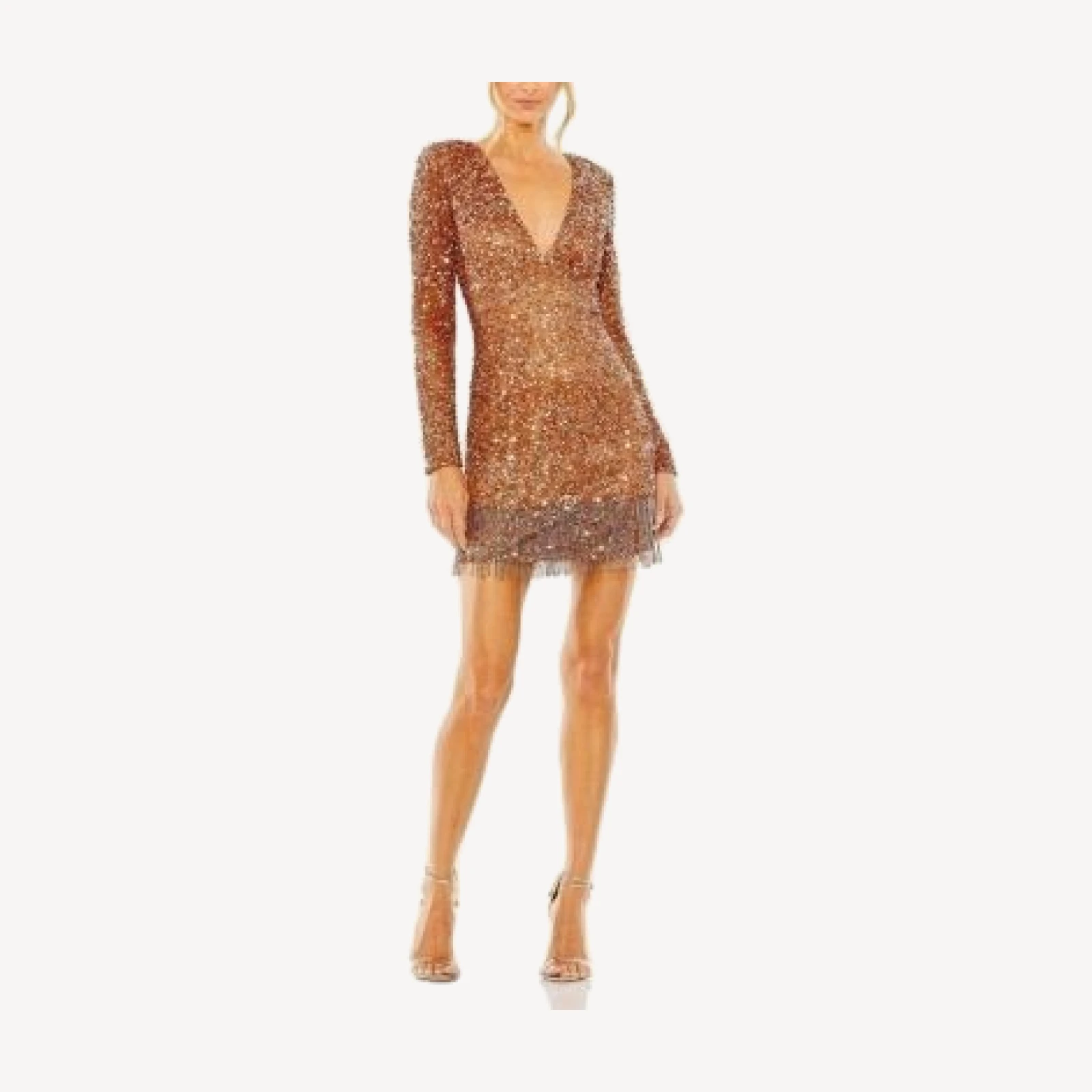 Mac Duggal V Neck Long Sleeve Sequin Dress with Fringe Detail