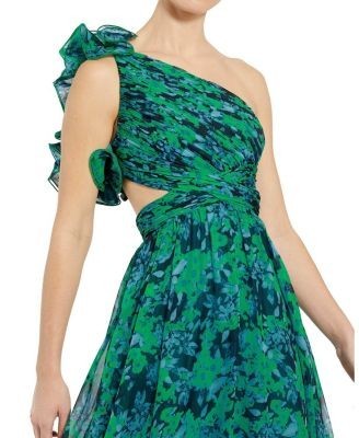 Mac Duggal One Shoulder Ruffle Tiered Cut-Out Chiffon Gown