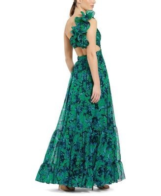 Mac Duggal One Shoulder Ruffle Tiered Cut-Out Chiffon Gown