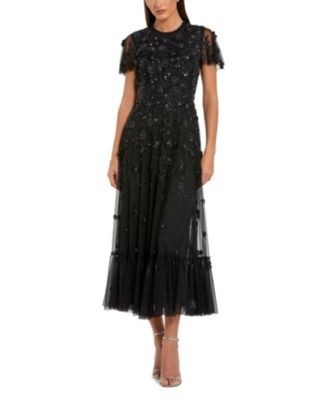 Mac Duggal Embellished High Neck Floral Applique with Beaded Detail A Line Dress