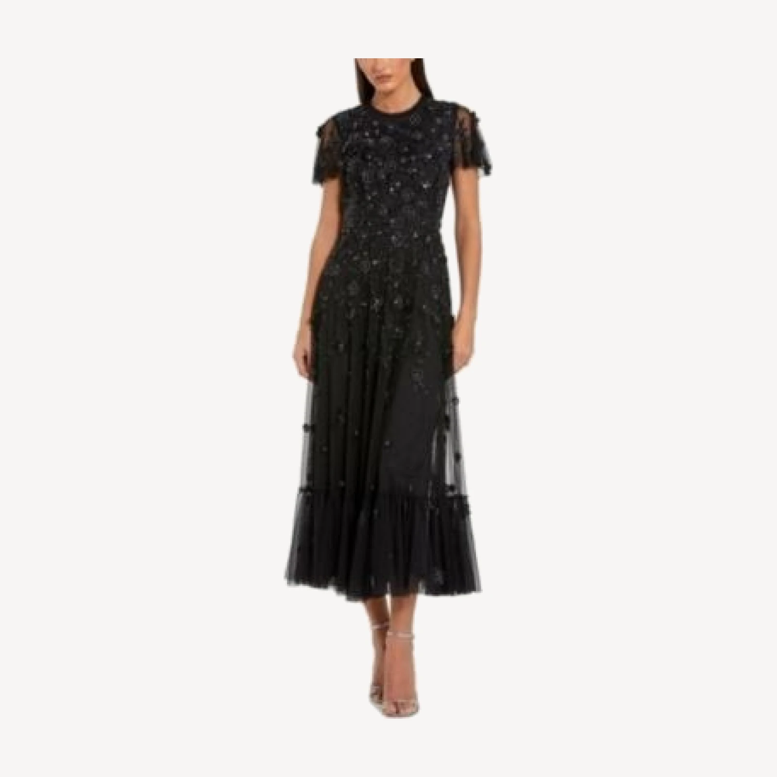 Mac Duggal Embellished High Neck Floral Applique with Beaded Detail A Line Dress