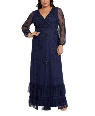 Mac Duggal Plus Puff Sleeve V-Neck Tiered Embellished Gown