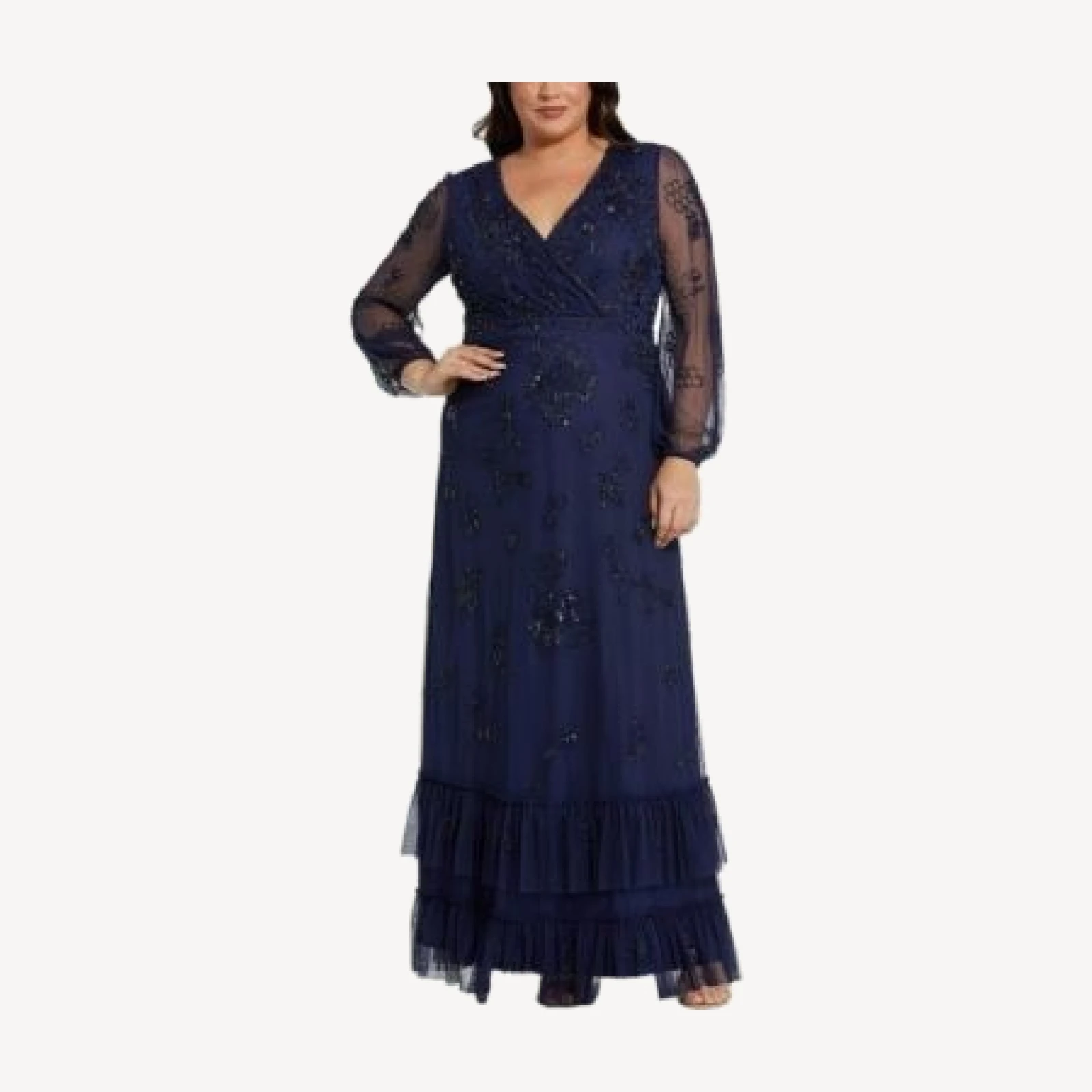 Mac Duggal Plus Puff Sleeve V-Neck Tiered Embellished Gown
