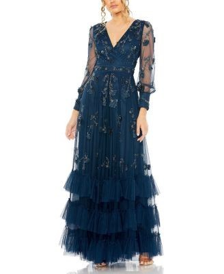 Mac Duggal Mesh Long Sleeve V-Neck Tiered A Line Gown