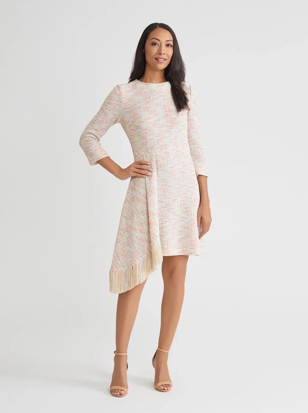 Faux Wrap A-Line Melange Tweed Knit Dress