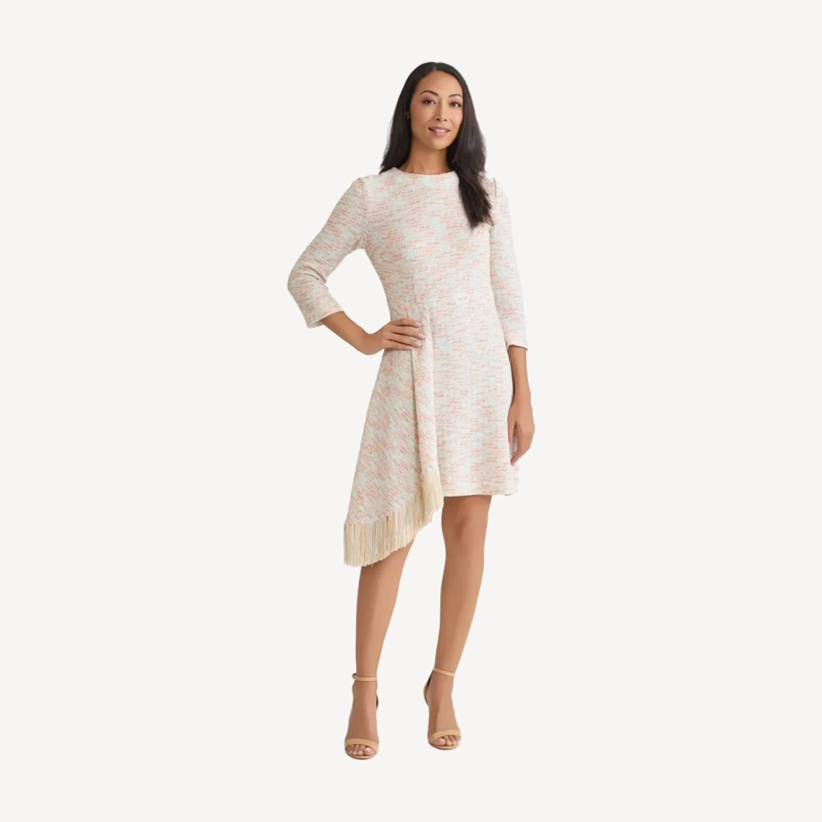 Faux Wrap A-Line Melange Tweed Knit Dress
