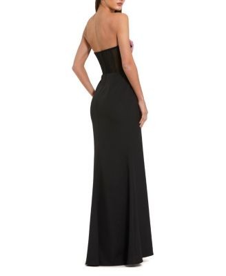 Mac Duggal Strapless Sheer Bustier Crystal Flower Gown