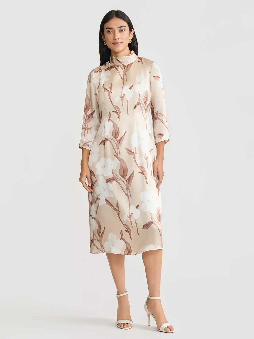 A-Line Floral Print Silk Midi Dress