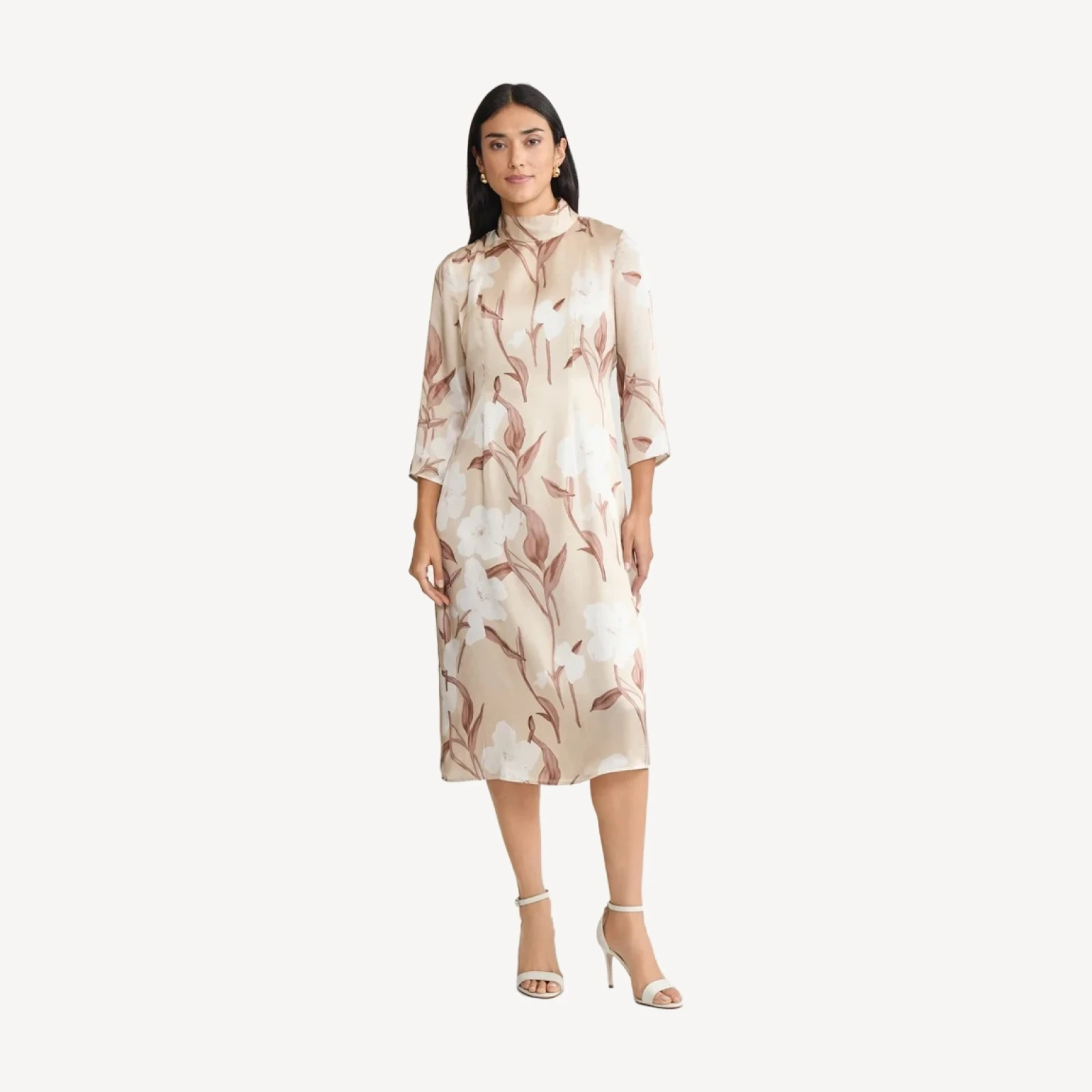 A-Line Floral Print Silk Midi Dress
