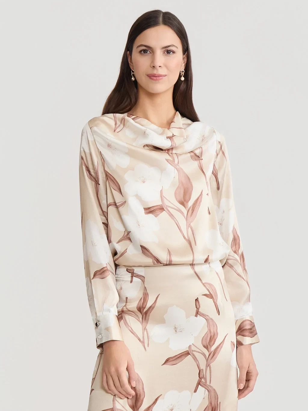 Draped Neck Floral Print Silk Blouse