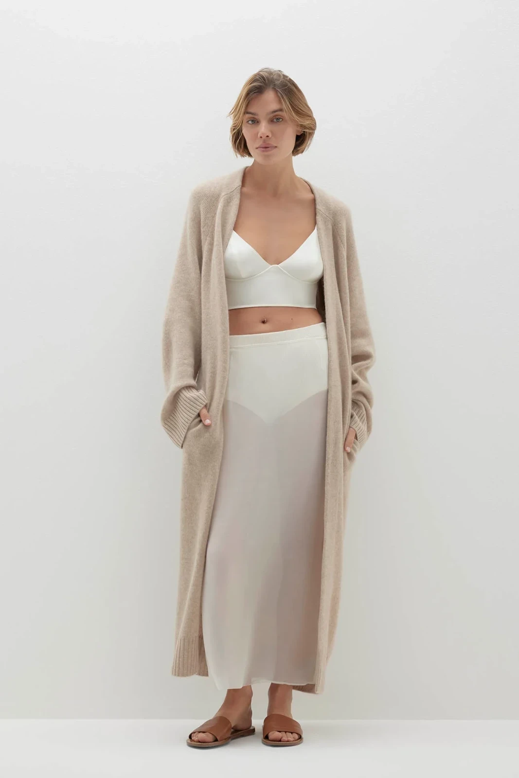 MAKENA LONGLINE CASHMERE CARDIGAN - FLAX