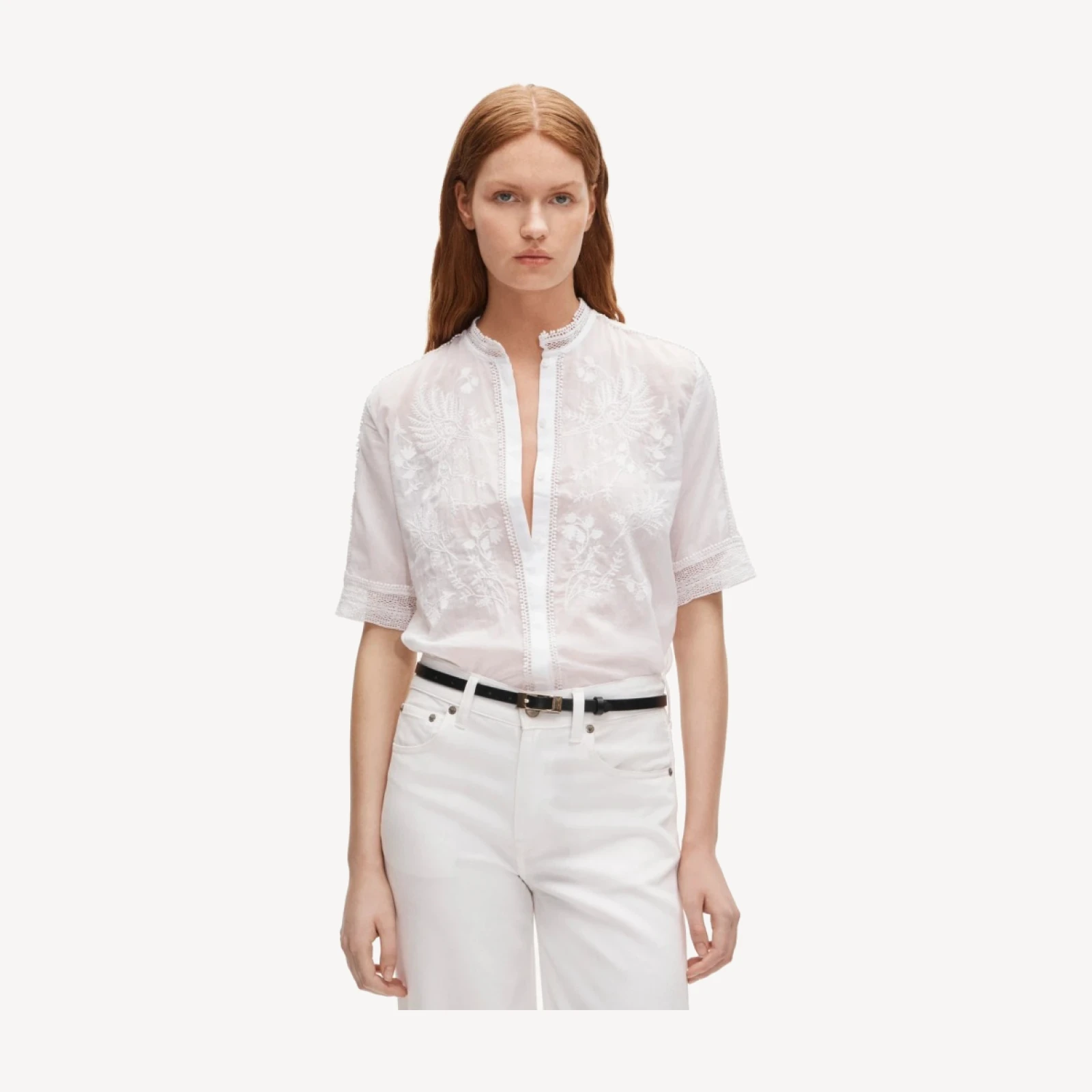 Embroidered lace-trim button-up shirt