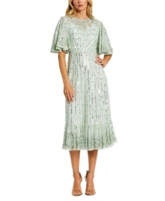 Mac Duggal Sequined Flounce Sleeve Midi Dress