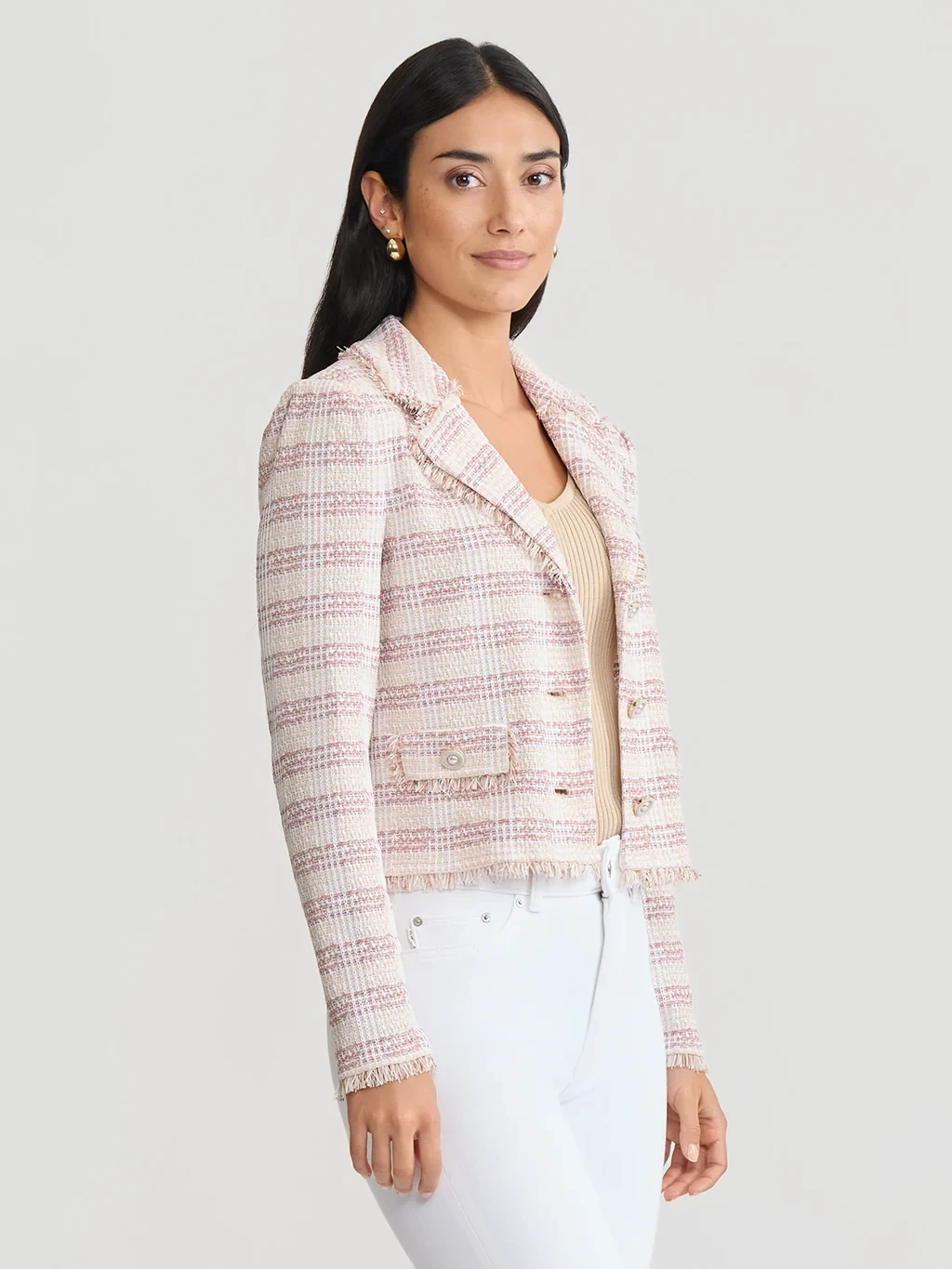 Relaxed Plaid Fringe Trim Knit Jacket
