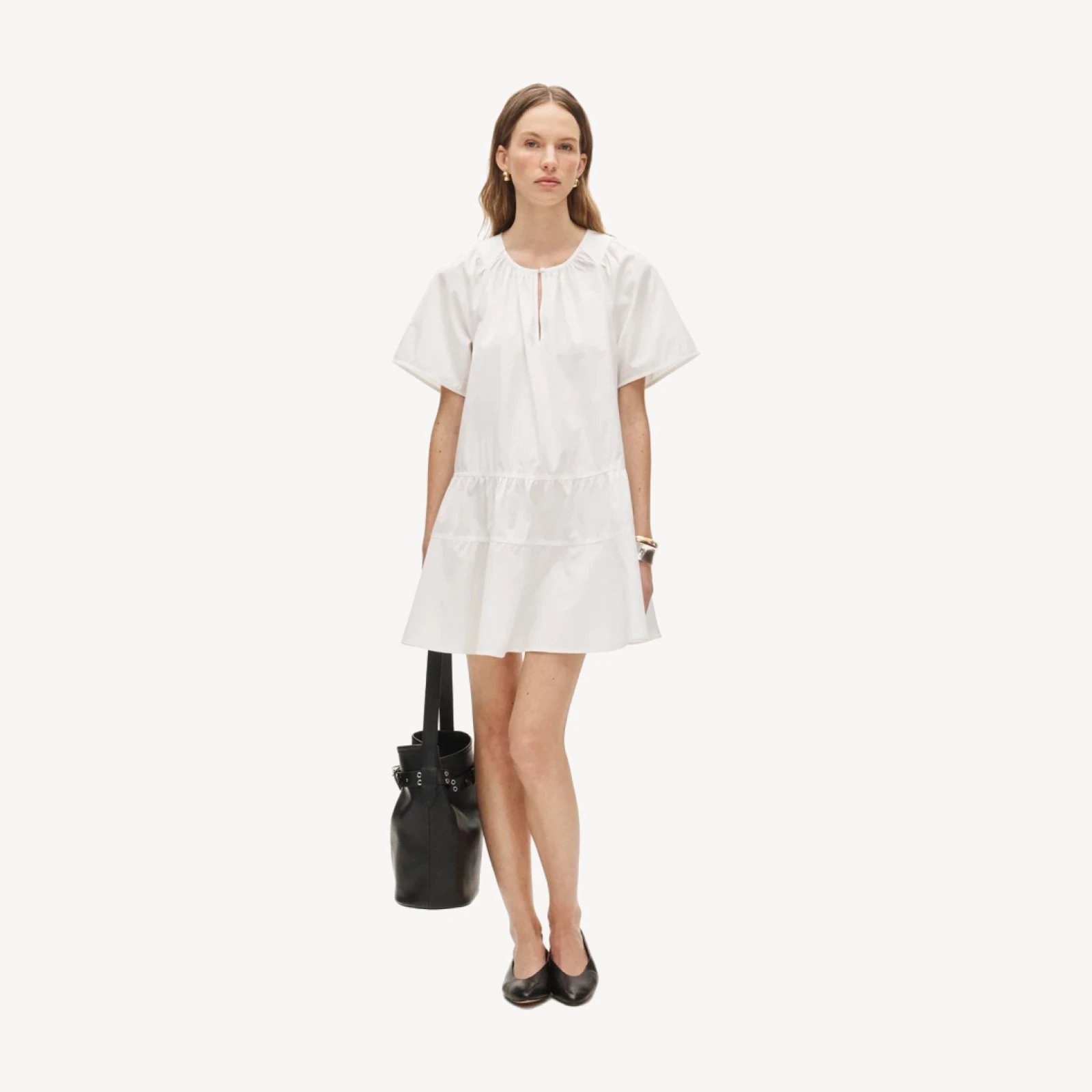 Tiered popover dress in cotton poplin