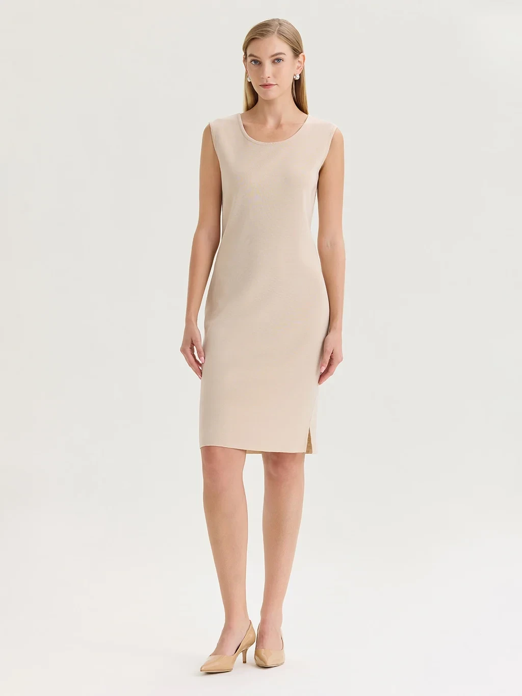 Sleeveless Sheath Knit Dress, Biscotti