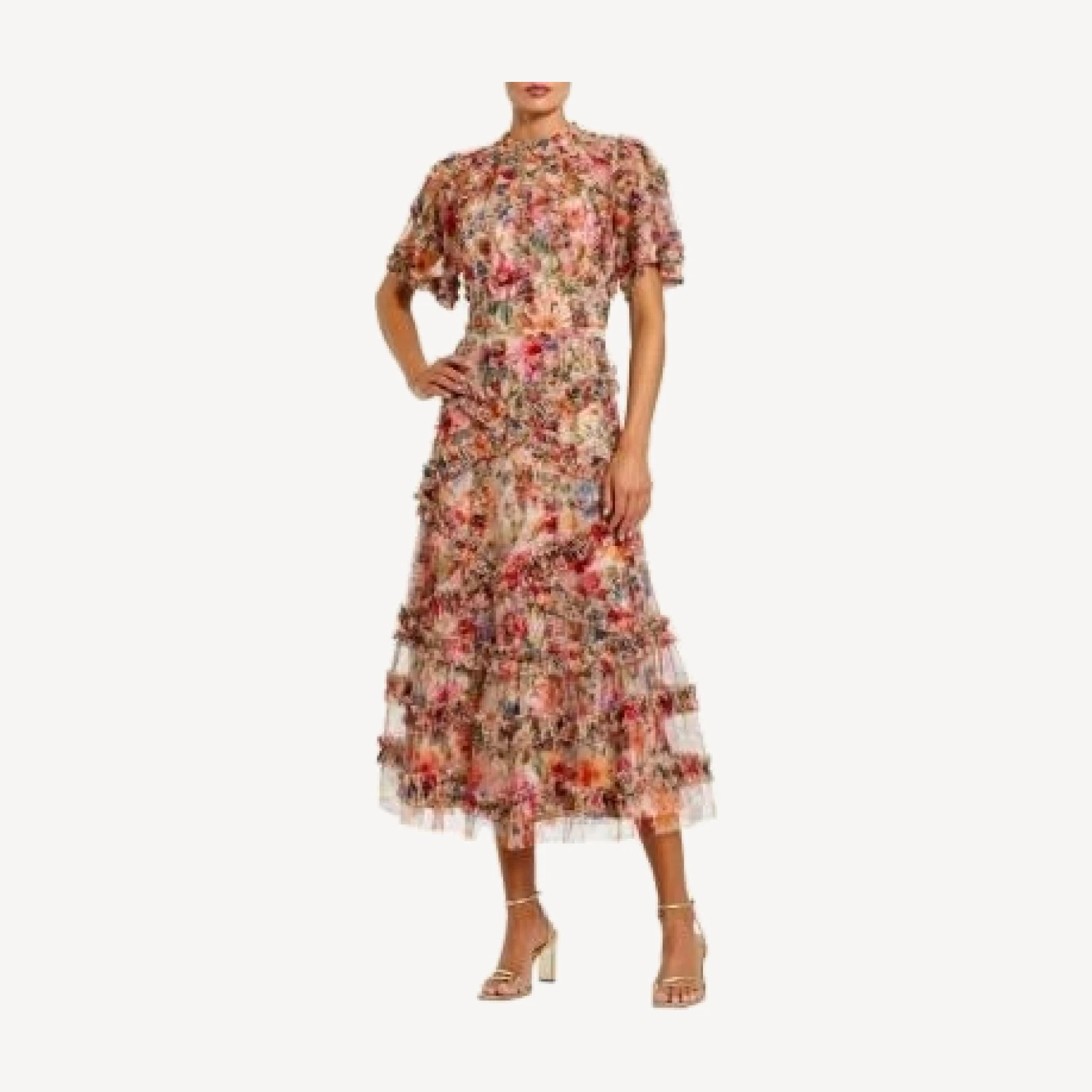 Mac Duggal Women's Floral Flutter Sleeve Mesh Print Dress