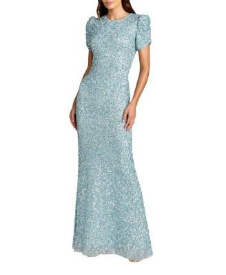 Mac Duggal Gathered Short Sleeve Beaded Gown