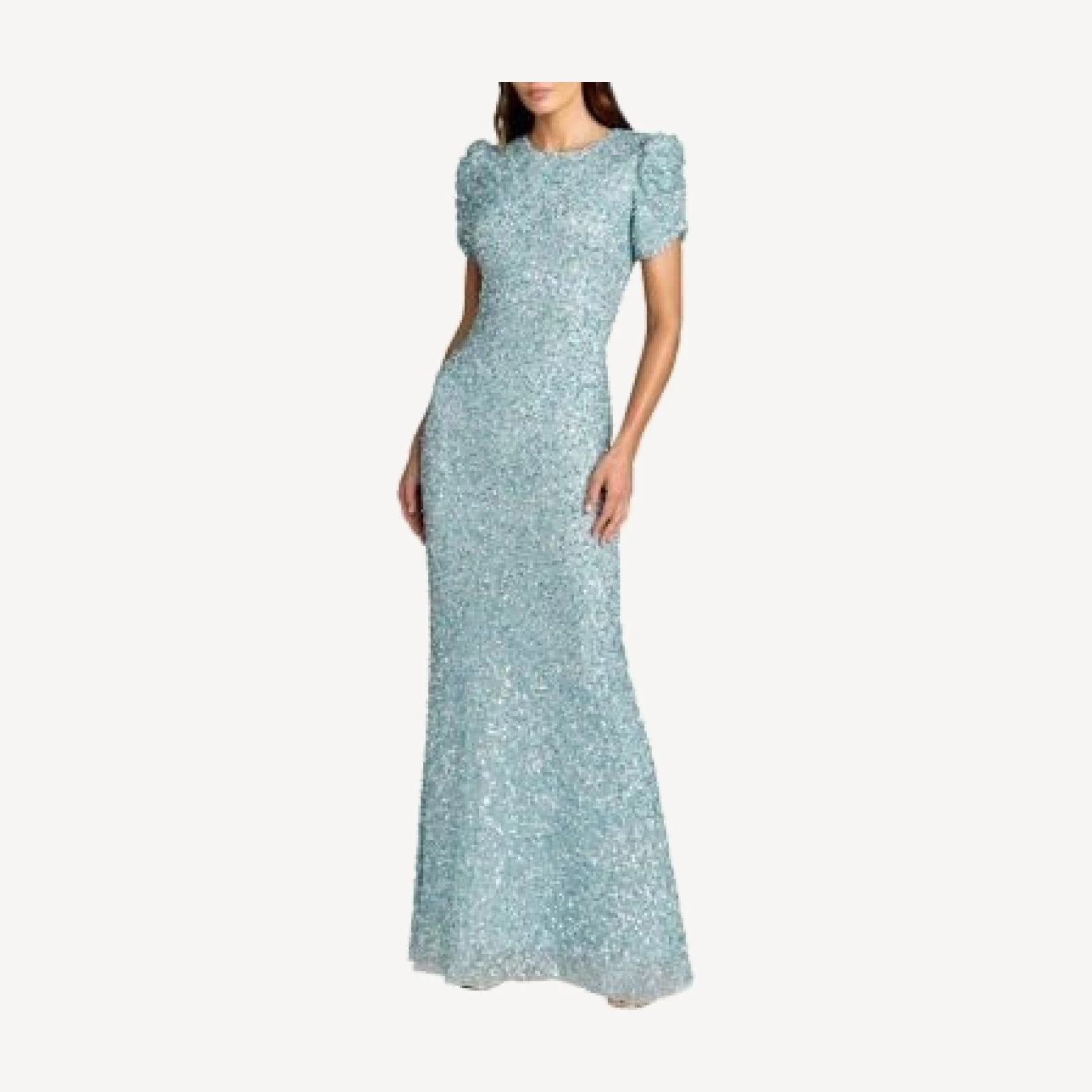 Mac Duggal Gathered Short Sleeve Beaded Gown