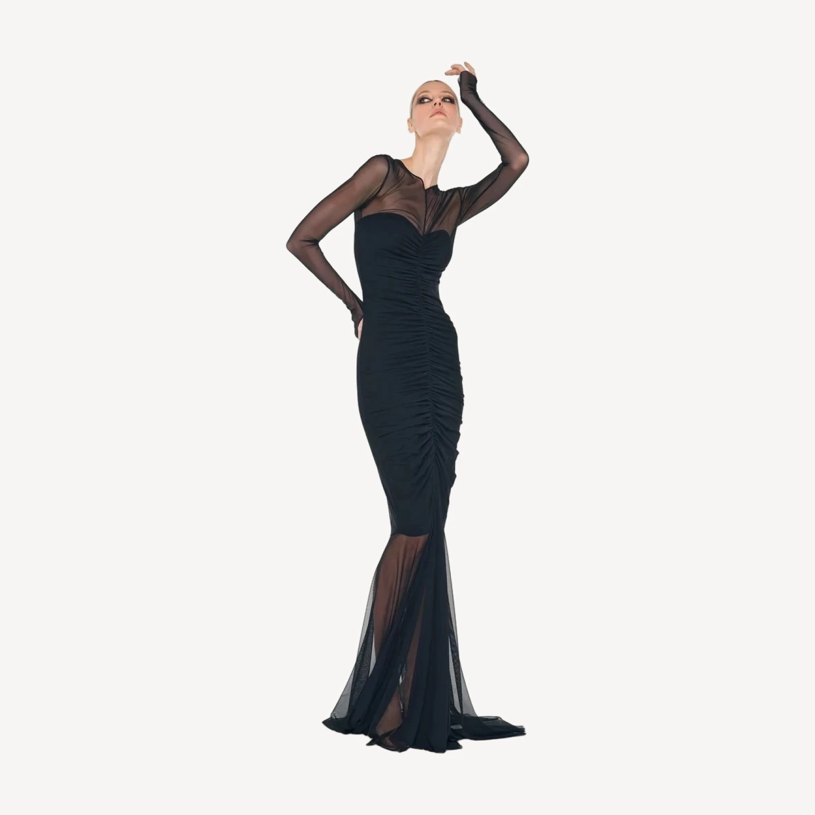 LS SHIRRED FISHTAIL GOWN / DRESS