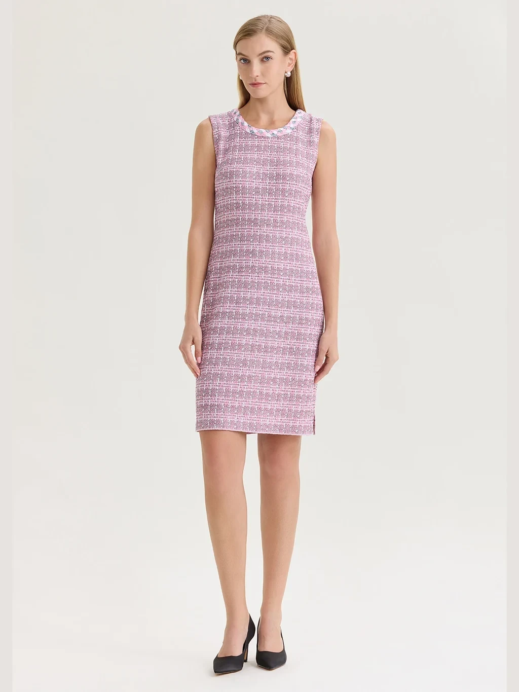 Braided Trim Tweed Knit Sheath Dress