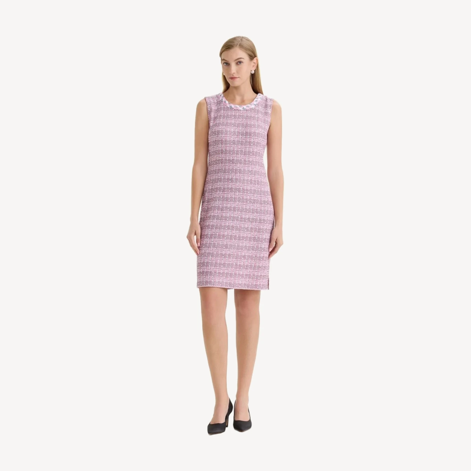 Braided Trim Tweed Knit Sheath Dress