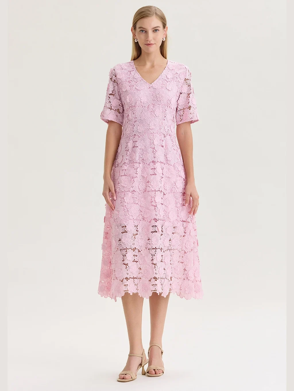 Lined Floral Lace Applique Woven Midi Dress