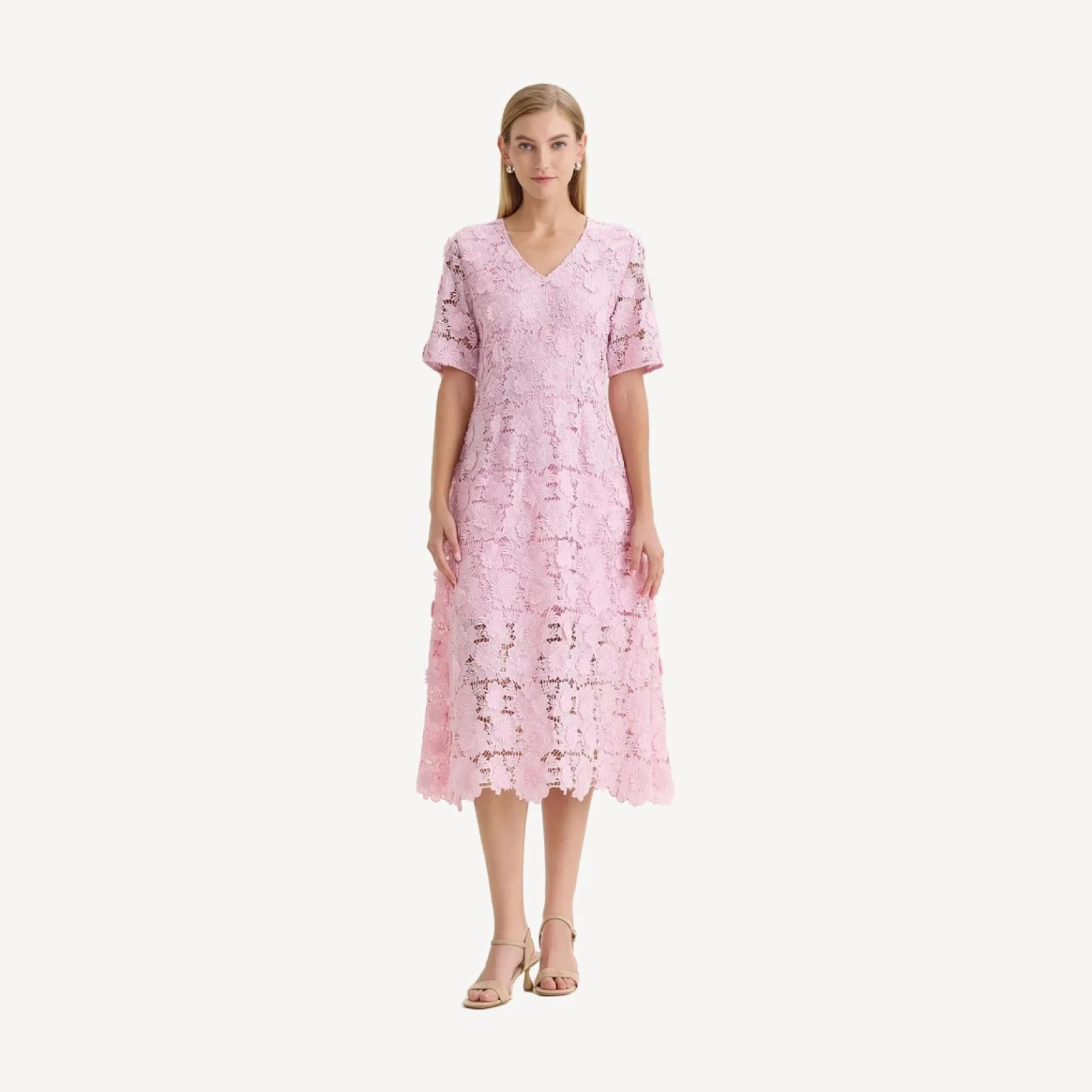 Lined Floral Lace Applique Woven Midi Dress
