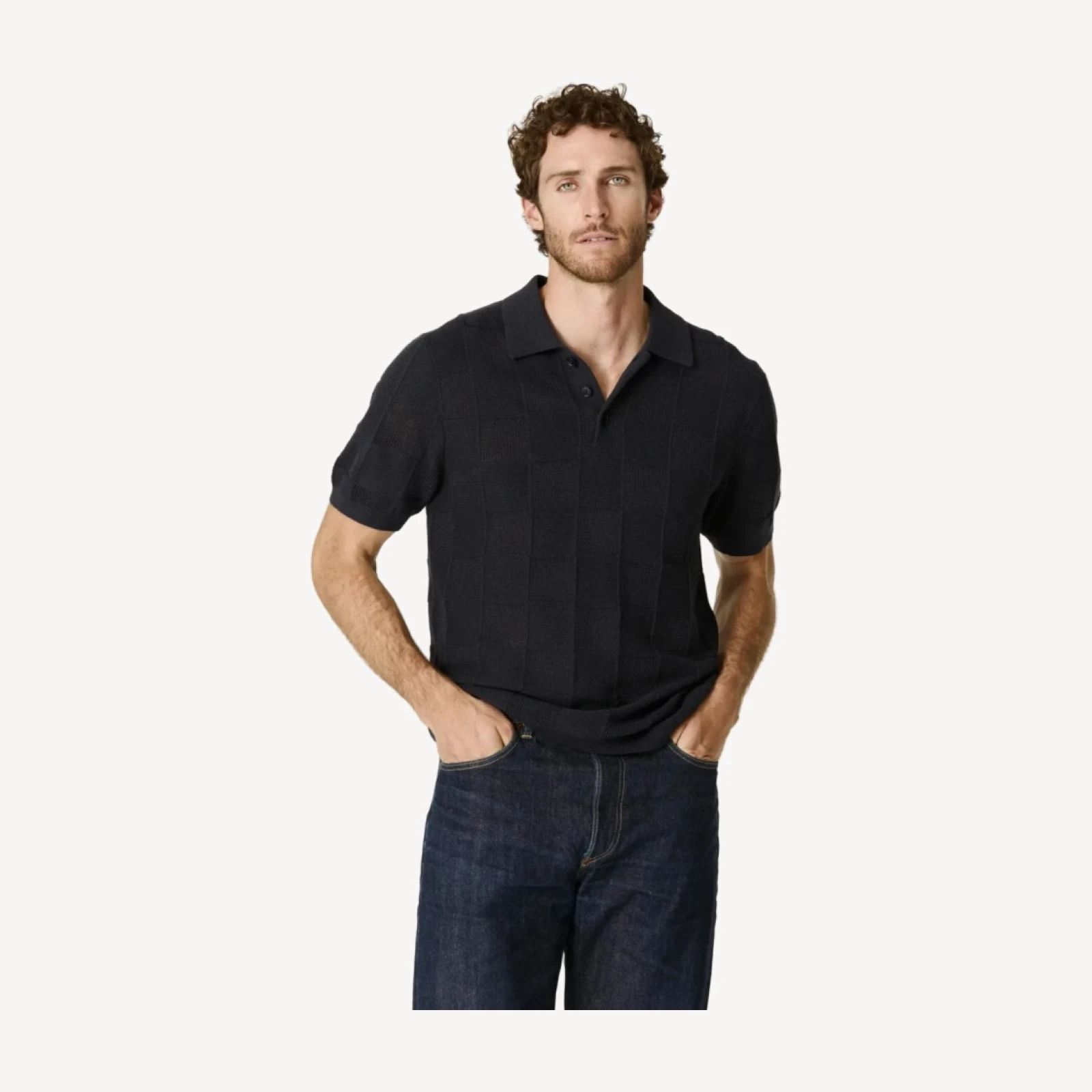BRADLEY COTTON CASHMERE CHECKERED POLO - NAVY