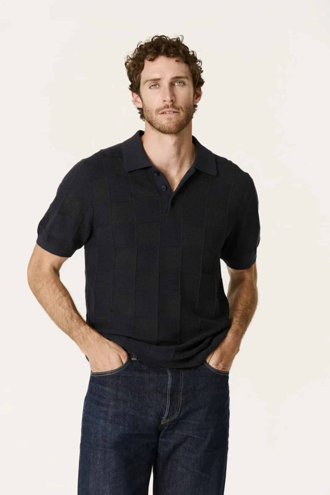 BRADLEY COTTON CASHMERE CHECKERED POLO - NAVY