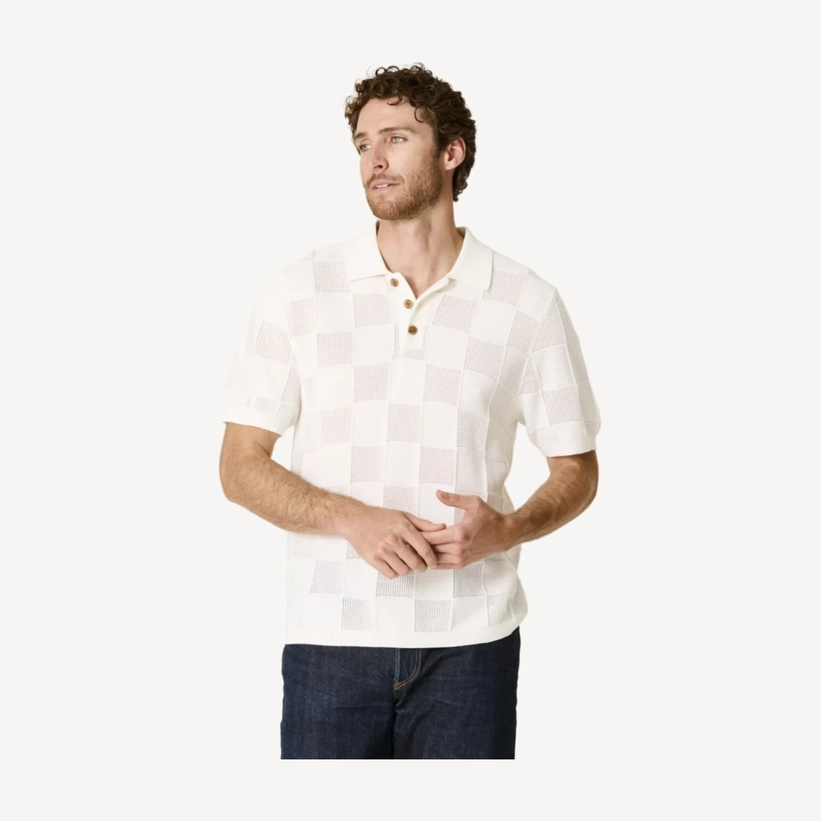 BRADLEY COTTON CASHMERE CHECKERED POLO - ECRU