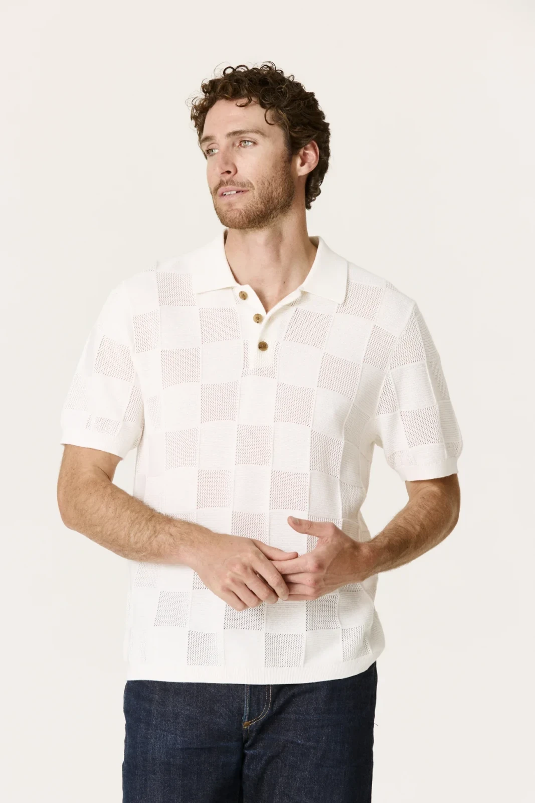 BRADLEY COTTON CASHMERE CHECKERED POLO - ECRU