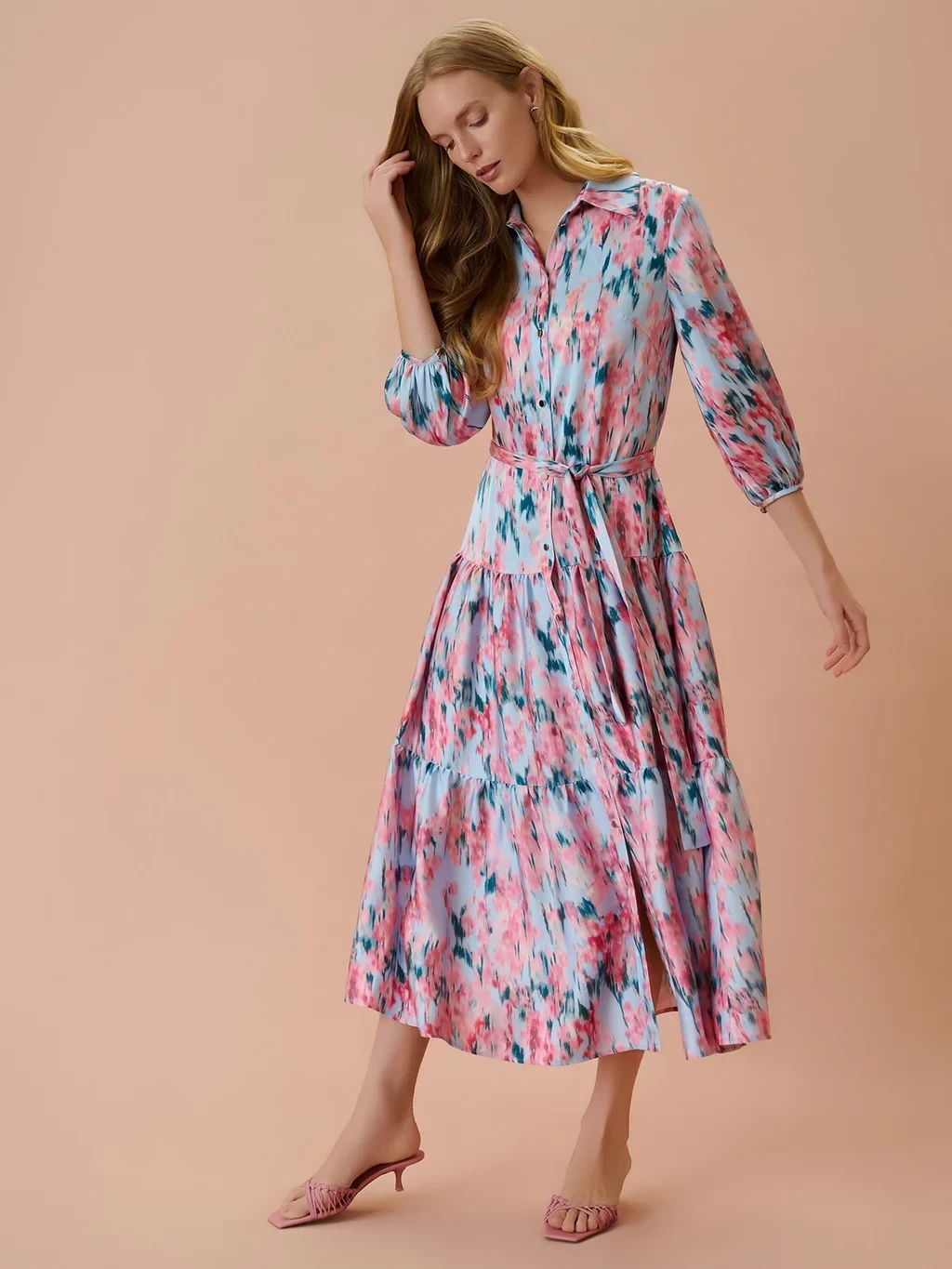 Printed Floral Crepe de Chine Tiered Maxi Dress