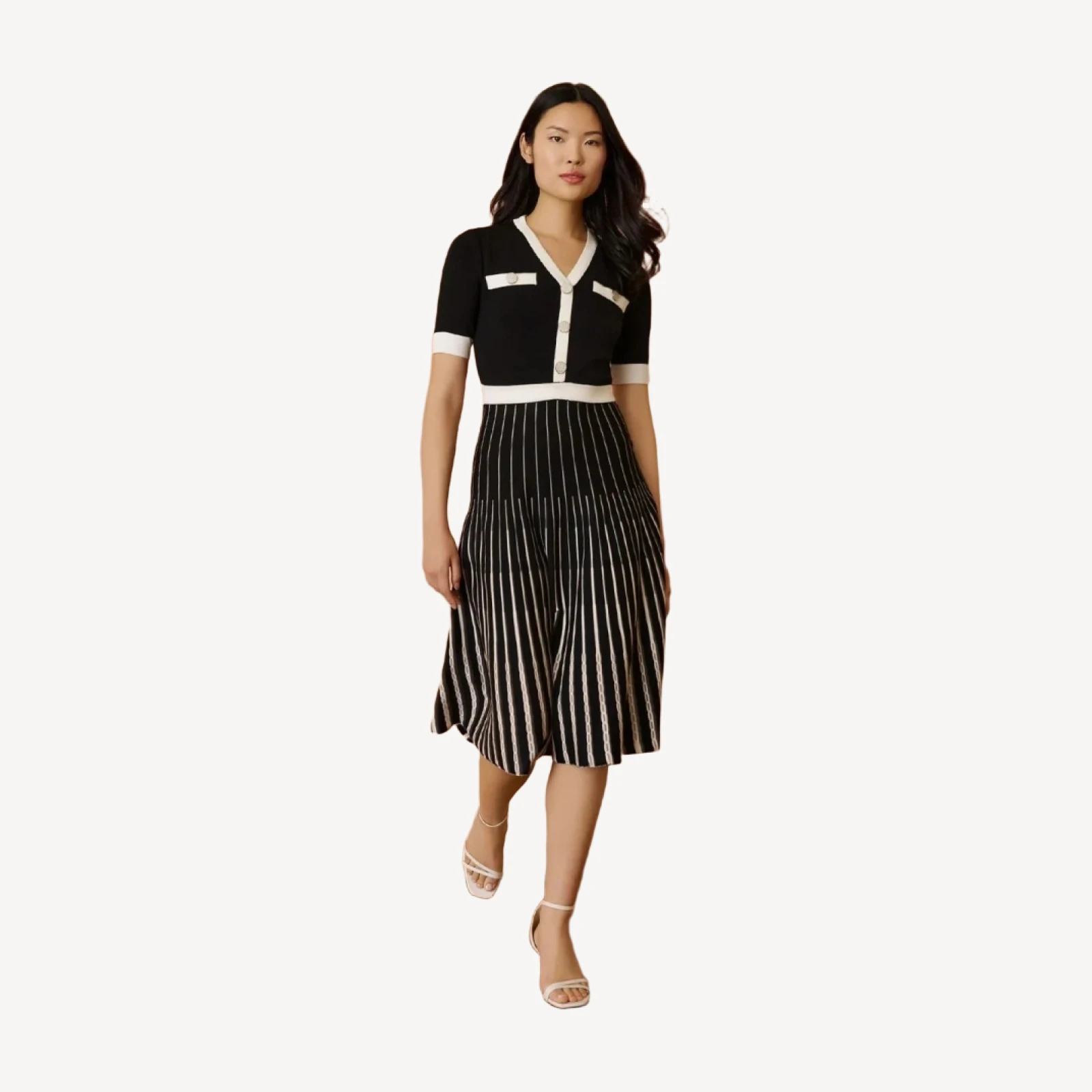 Fit & Flare Two-Tone Soft Knit Midi Dress
