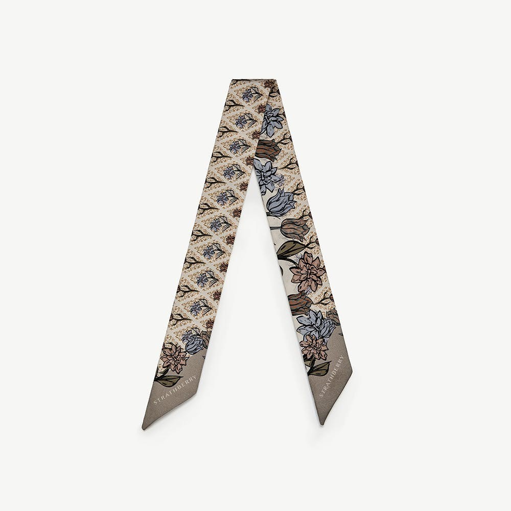 Silk Skinny Scarf - Light Taupe Wallpaper Flowers