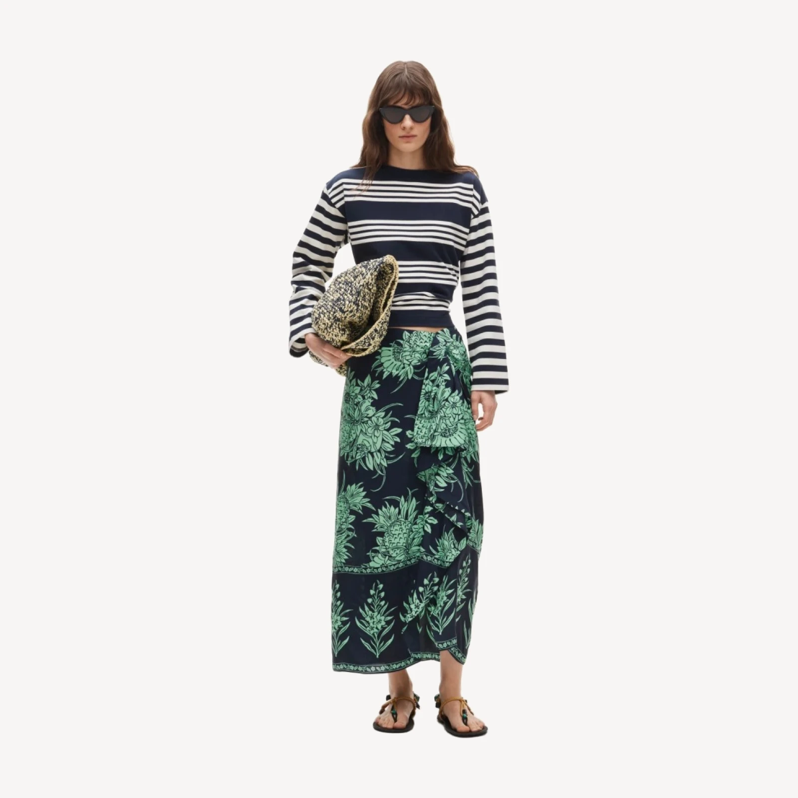 Faux-wrap skirt in pineapple garden-print viscose twill