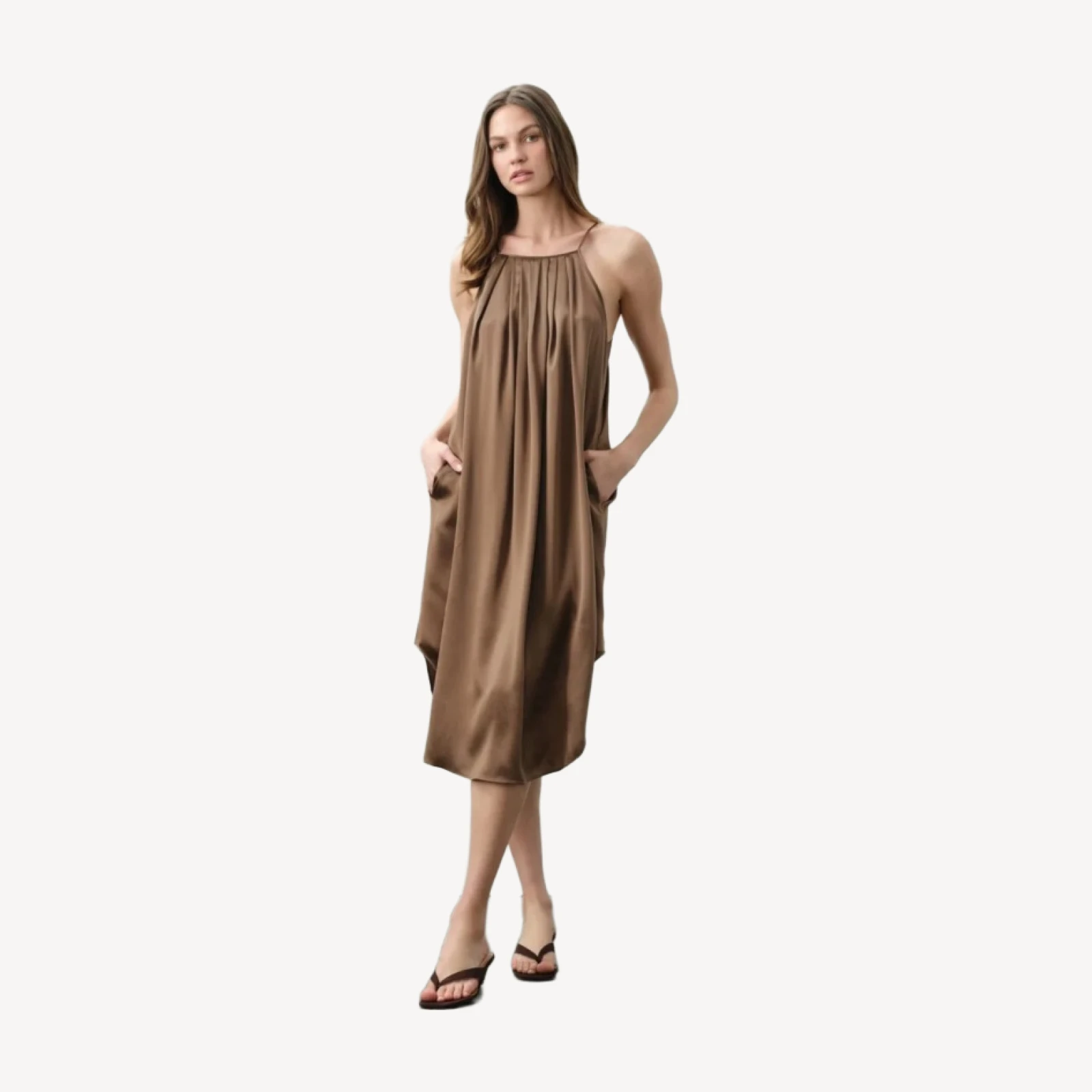 KIRA SILK MIDI DRESS - TEAK