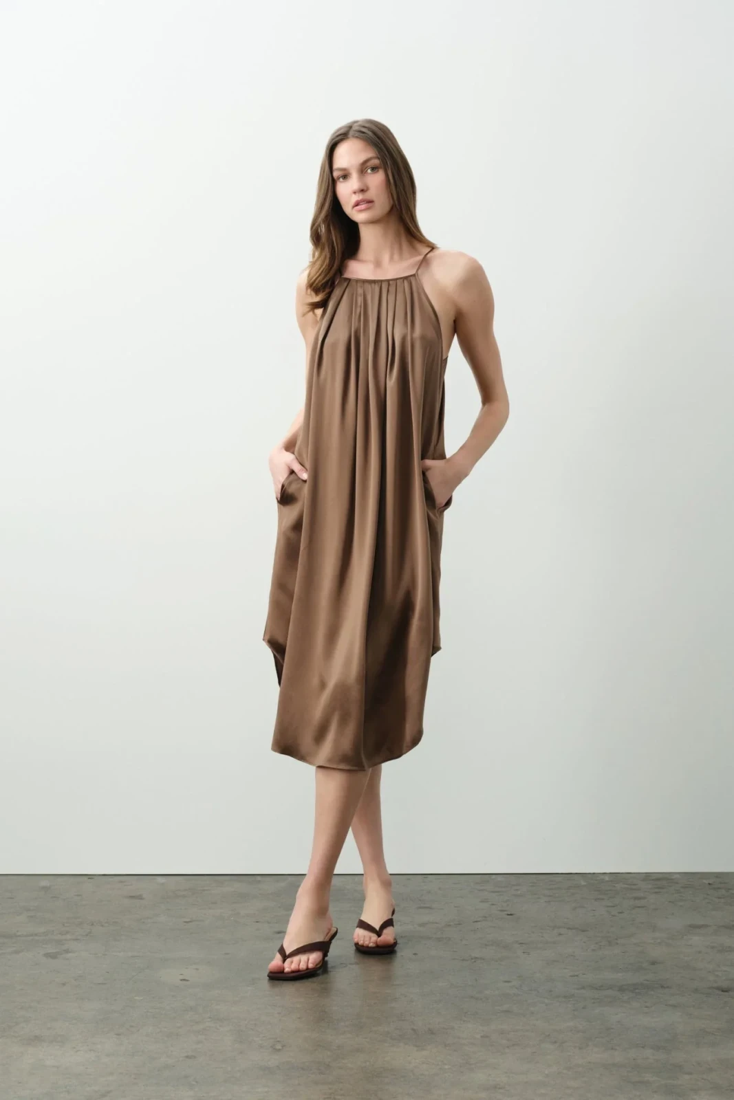 KIRA SILK MIDI DRESS - TEAK