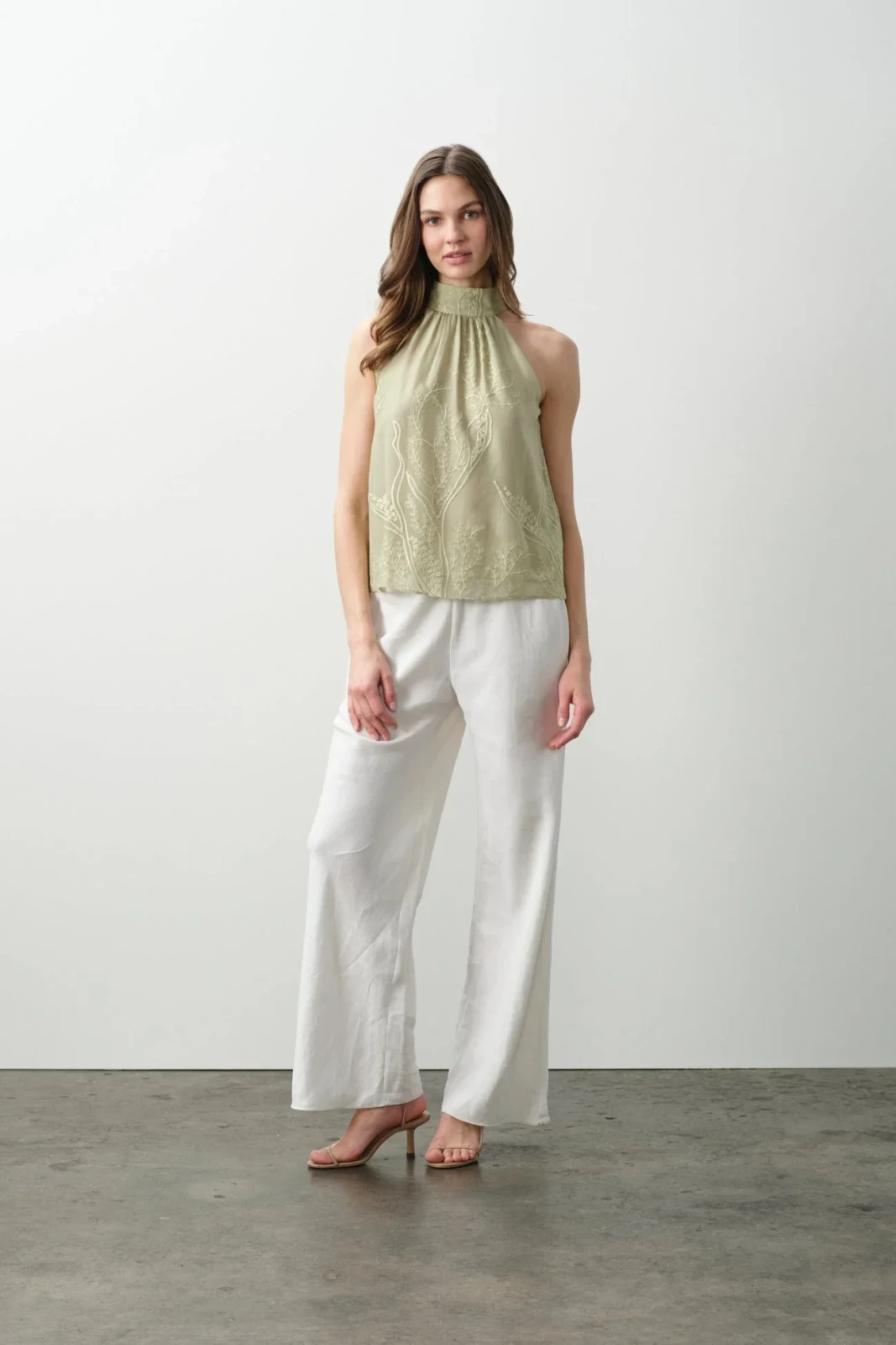CASSIA FLORAL SILK CHIFFON HALTER TOP - MATCHA