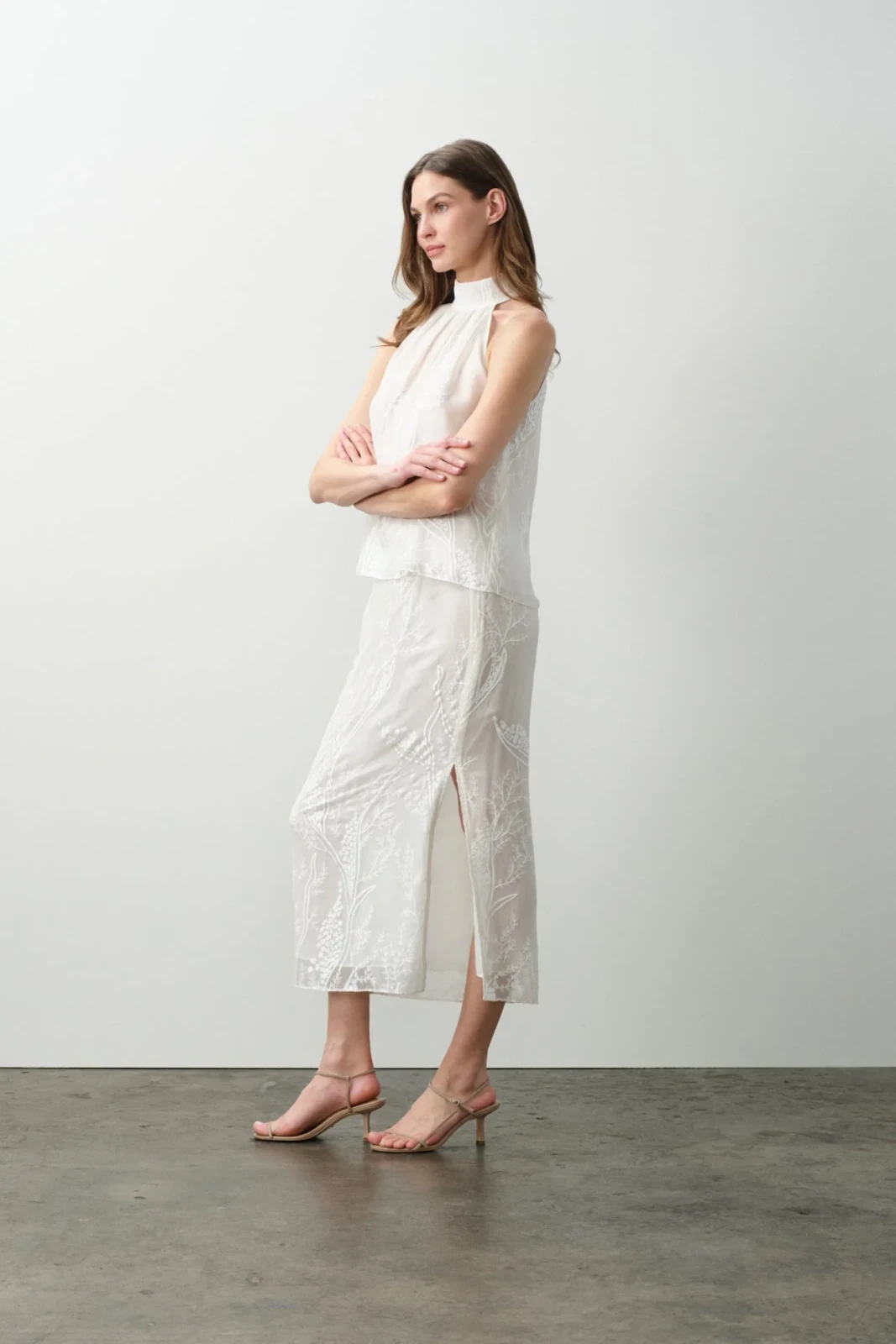 CASSIA FLORAL SILK CHIFFON HALTER TOP - ECRU