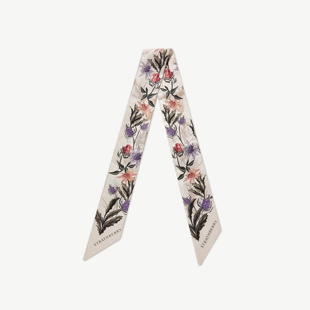 Silk Skinny Scarf - Vanilla/Forest Green Thistle Print