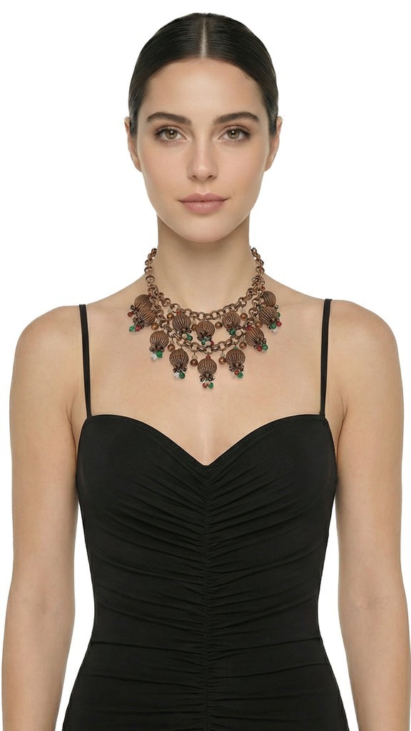 BRASS & COLOR BEADED TIERED NECKLACE