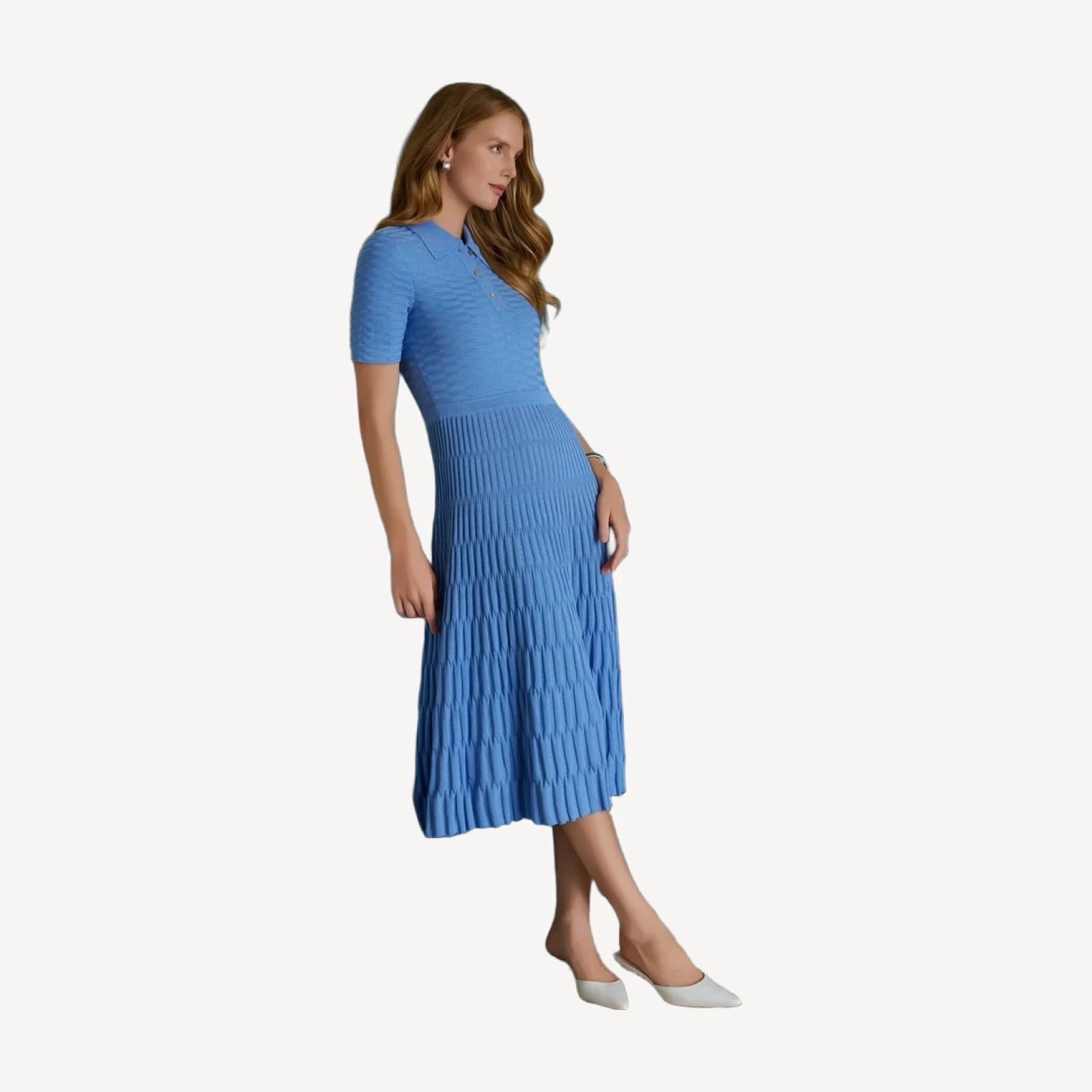 Fit & Flare Geometric Collared Soft Knit Maxi Dress