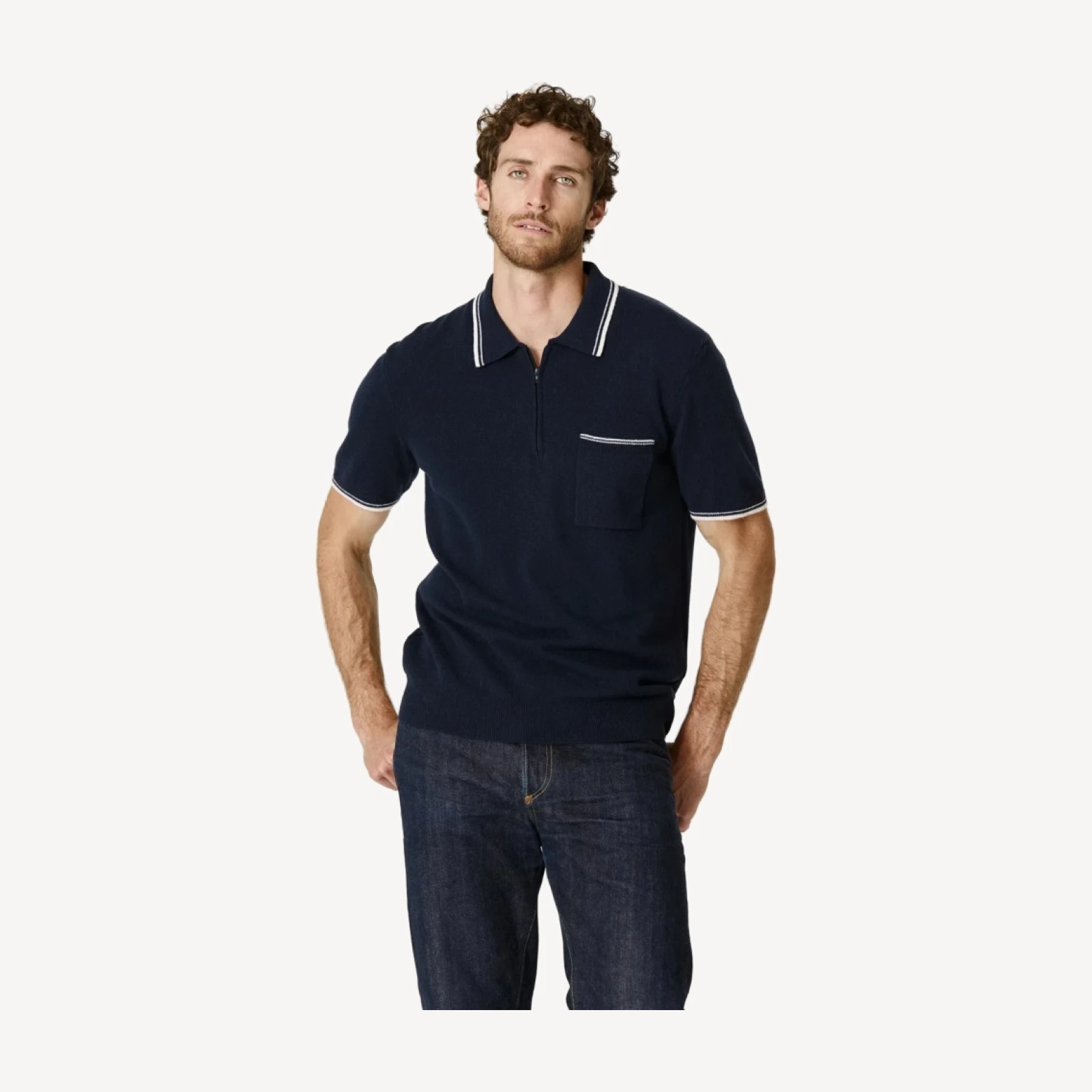 ALDRICH CASHMERE QUARTER-ZIP POLO - CLUB NAVY/ECRU
