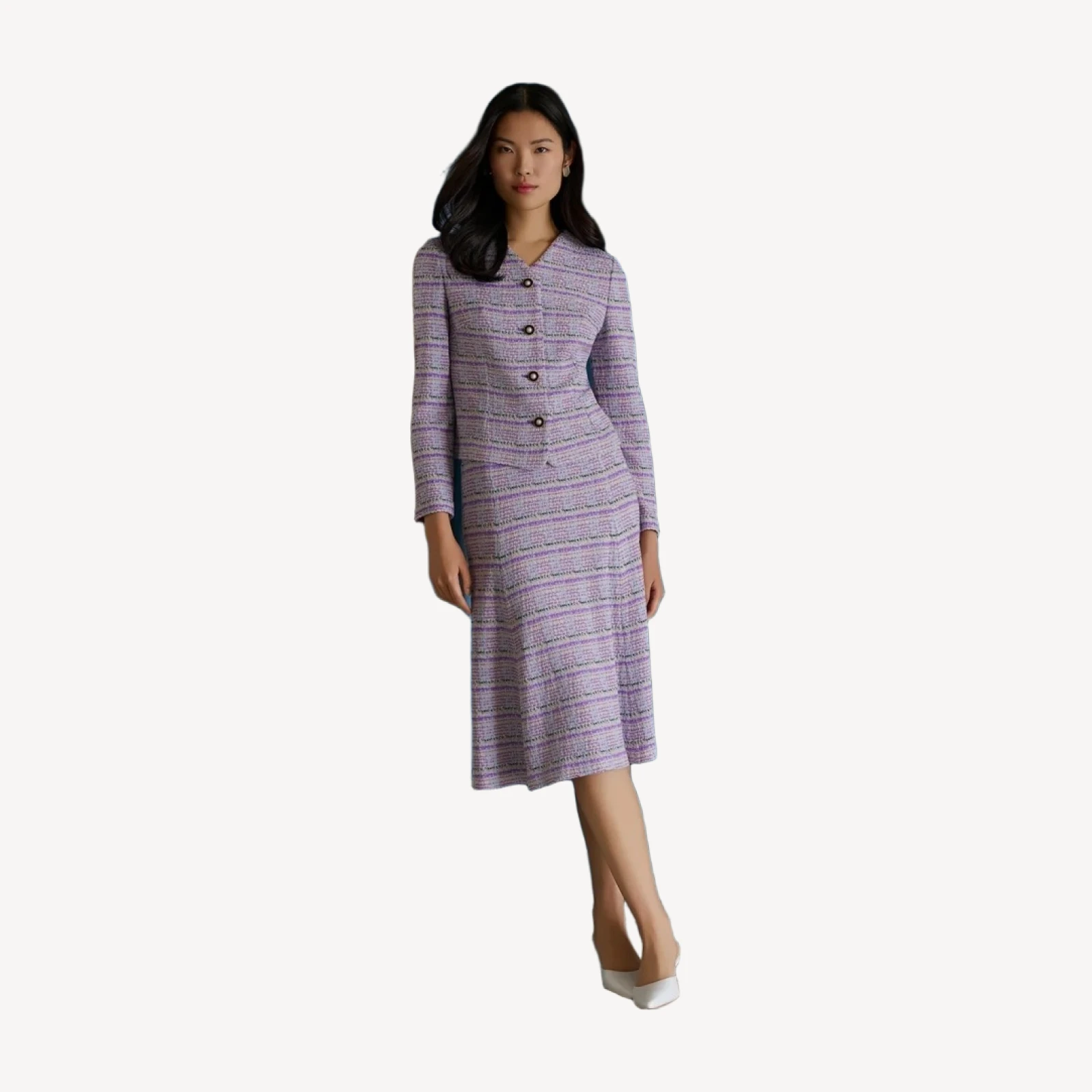Flared Plaid Tweed Knit Midi Skirt